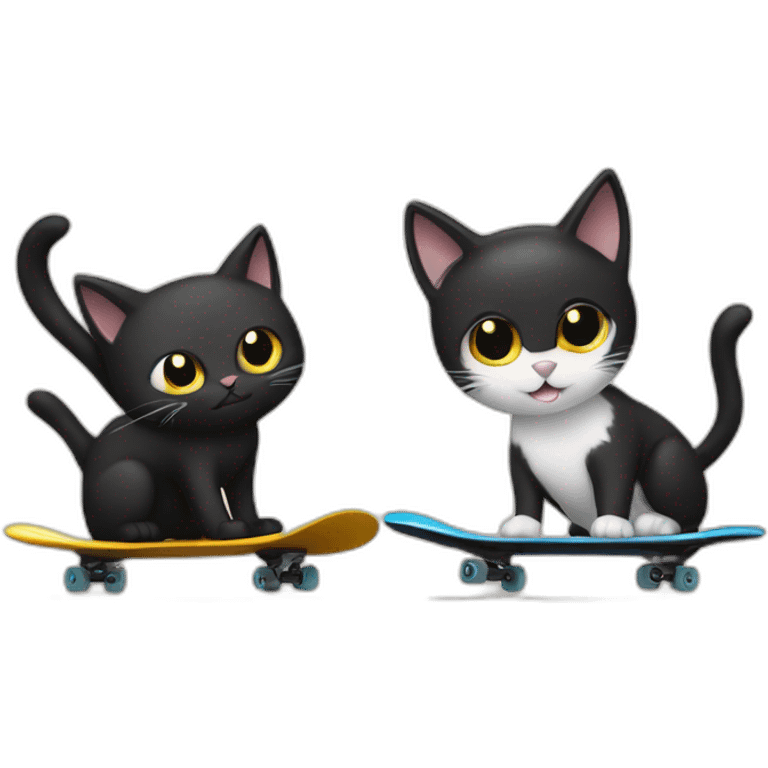 One black cat and one black and white cat skateboarding emoji