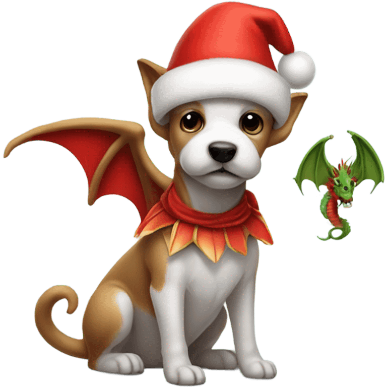 Terrier dog with dragon wings and tail wearing a Santa hat emoji