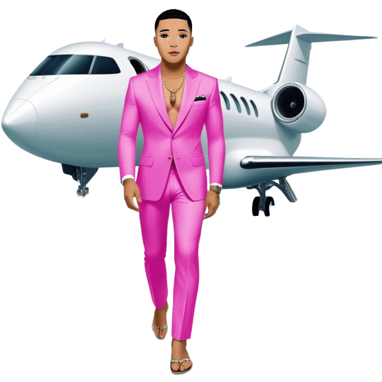 Josh King Madrid, digital entrepreneur and AI mogul, stepping off a glowing neon private jet onto a runway lined with stacks of cash, surrounded by beautiful swimwear fashion robots that resemble AI bot versions of Kim Kardashian emoji