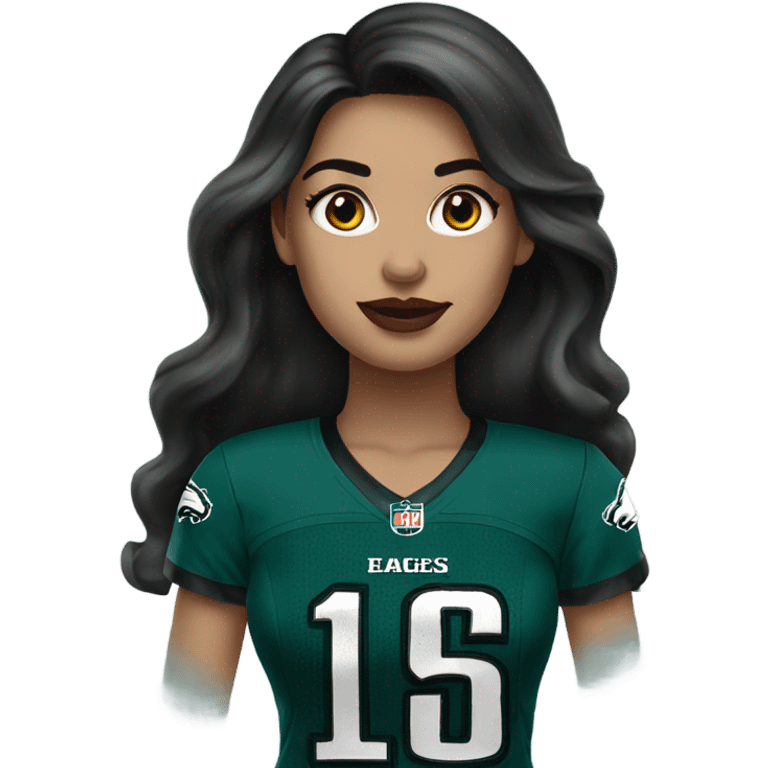 White female long dark hair red lips wearing Philadelphia Eagles jersey emoji