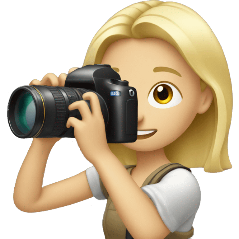 A blonde girl with a camera taking a photo emoji