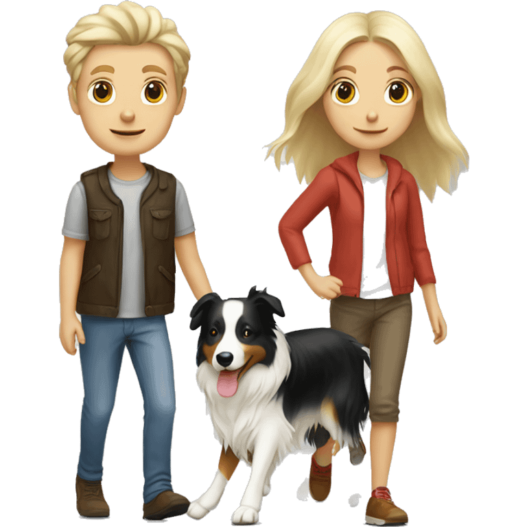 Blond white couple (long hair girl) walking tricolor border collie emoji