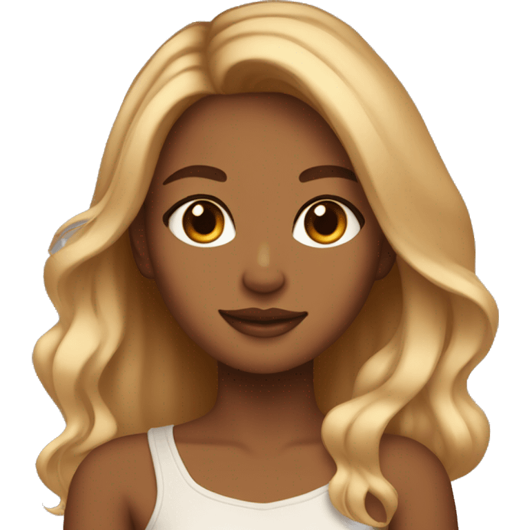 Tan girl with blonde balayage and brown eyes holding an orange cat emoji