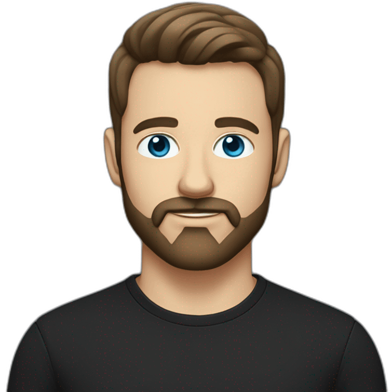 White man with blue eyes and dark brown hair, styled sideways backwards. He has a beard and mustache trimmed and wears a black t-shirt. emoji