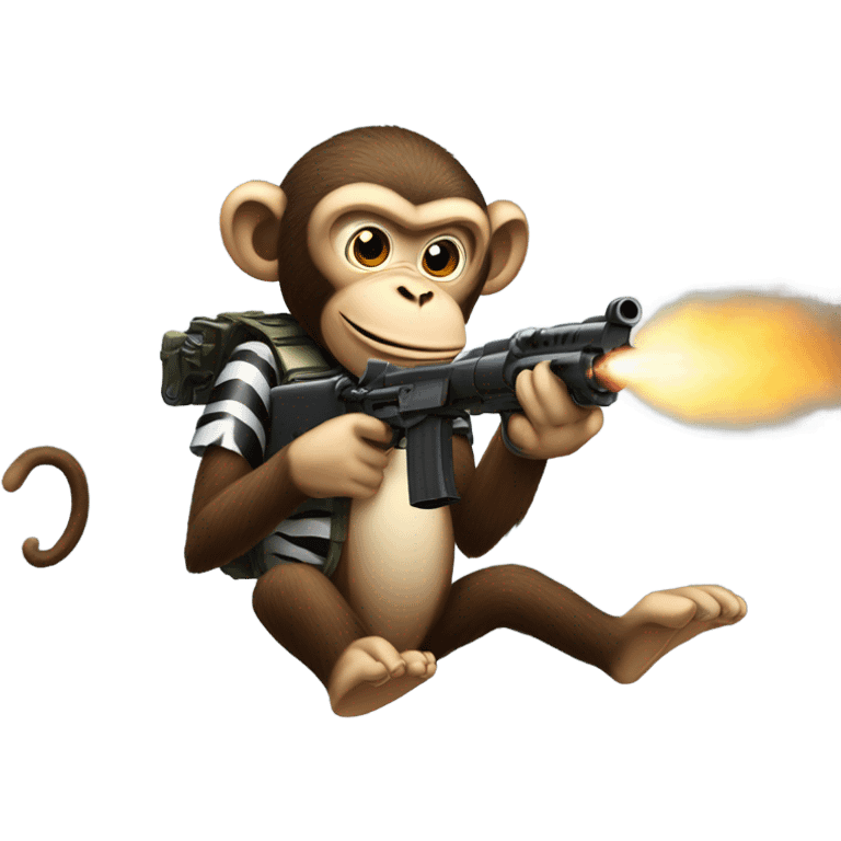 A monkey riding a zebra. The monkey is shooting a machine gun with shell casings in the air and muzzle flash make the monkey look menacing. Make the zebra look like he's mad. emoji