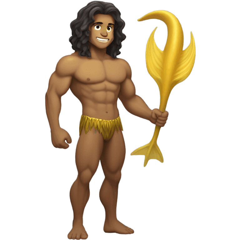 Tan muscular merman with yellow tail and dark hair emoji