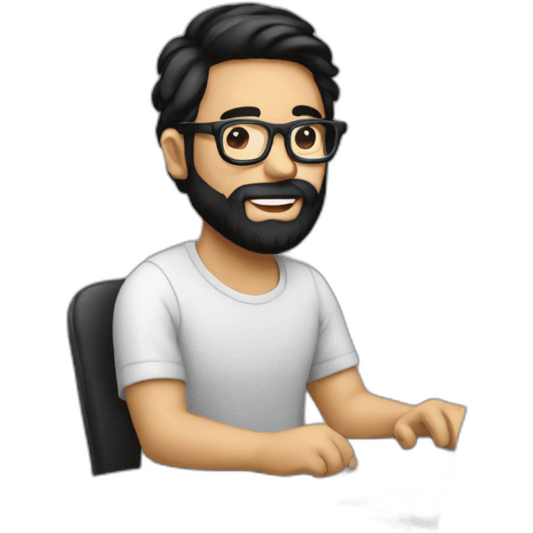 Designer with black hair, beard and glasses working with MacBook and drinking cappuccino  emoji