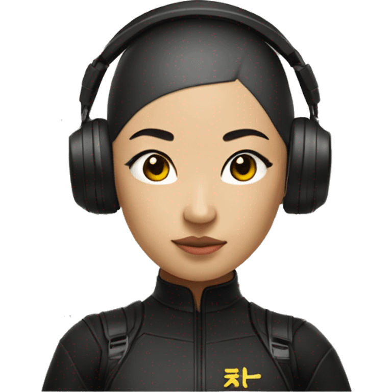 Buzz cut asian girl with buzzcut with all black ninja outfit with drone headset on TOP of head, not over eyes emoji