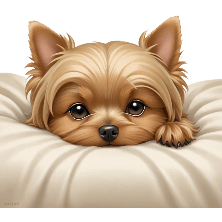 Meme-Worthy Cute Sleeping Yorkshire Terrier Portrait Emoji, Head resting gently with a peaceful, contented expression and softly closed, dreamy eyes, featuring a well-groomed, silky fur in rich hues, simplified yet irresistibly endearing, highly detailed, glowing with a gentle, drowsy radiance, high shine, exuding relaxed, heart-melting charm, styled with a soft glowing outline, capturing the essence of a sleeping Yorkshire Terrier that looks as if it could drift off into a sweet, meme-worthy slumber! emoji