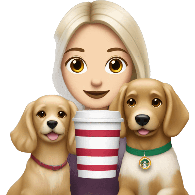 brunette white girl drinking starbucks with 2 golden retriever dogs emoji