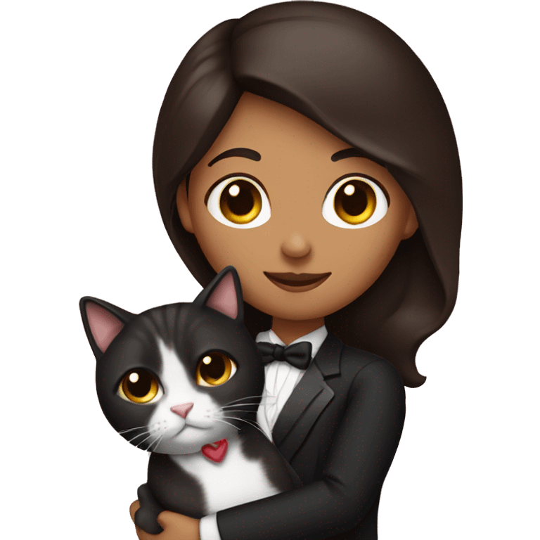 dark brown hair girl holding a longhair tuxedo cat emoji