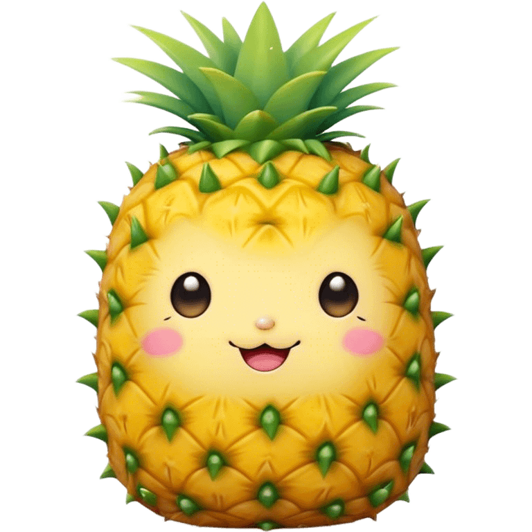 Cute Kawaii Pineapple, tiny and round, bright golden yellow with a spiky green top, chubby cheeks, playful winking expression, soft pastel textures, sweet and tropical vibes! emoji