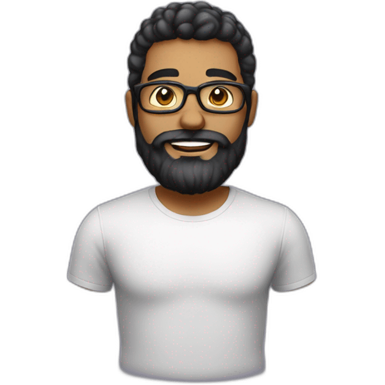 Homem branco com barba barba grande, cabelo preto, usa óculos emoji