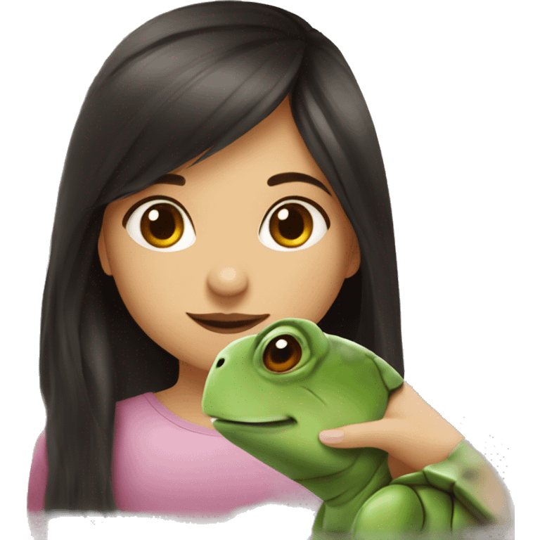 European girl with dark hair kiss little turtle emoji