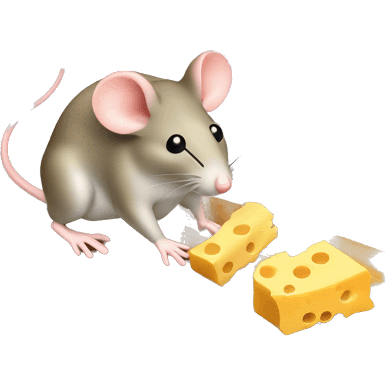 Mouse trap with cheese on it and a mouse sniffing the cheese carefully emoji