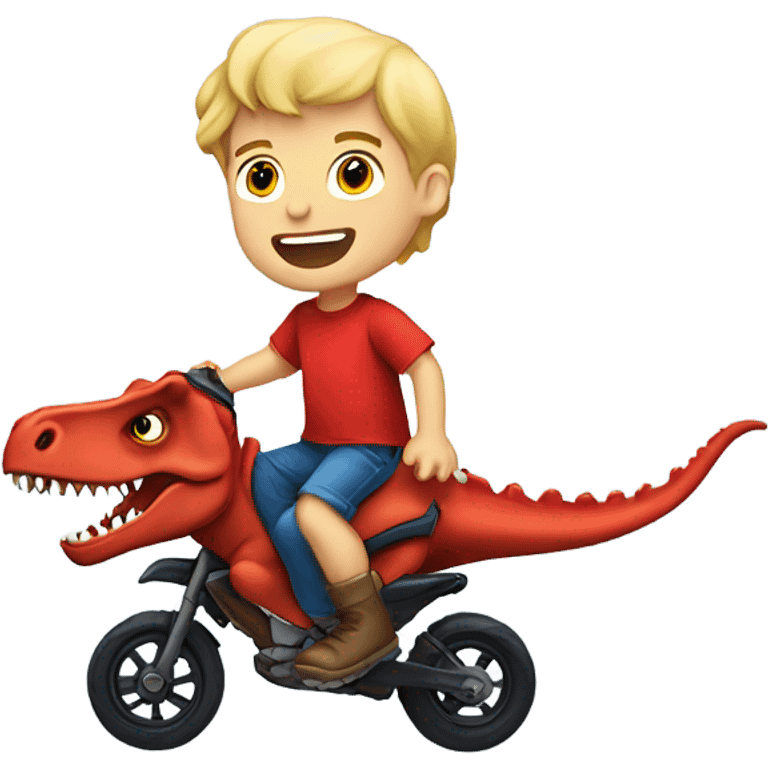 Blonde haired boy with blue eyes wearing a red shirt and riding a T-Rex emoji