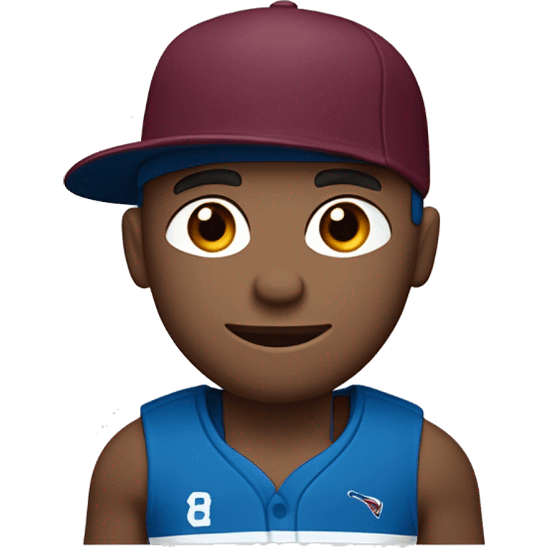 A man in wearing a maroon and blue  sportsgear. He has a maroon and blue coloured sport cap on his head and a slight smile on his face.only front side.the skin colour should be a little lighter.the letter ‘A’ on the top of the handle in burgundy. emoji