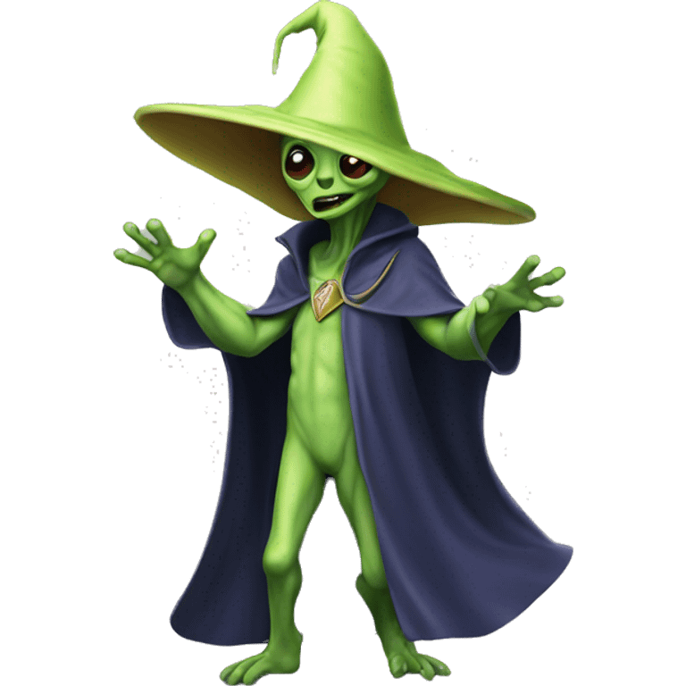 Alien wearing a wizard hat doing a swagger walk emoji