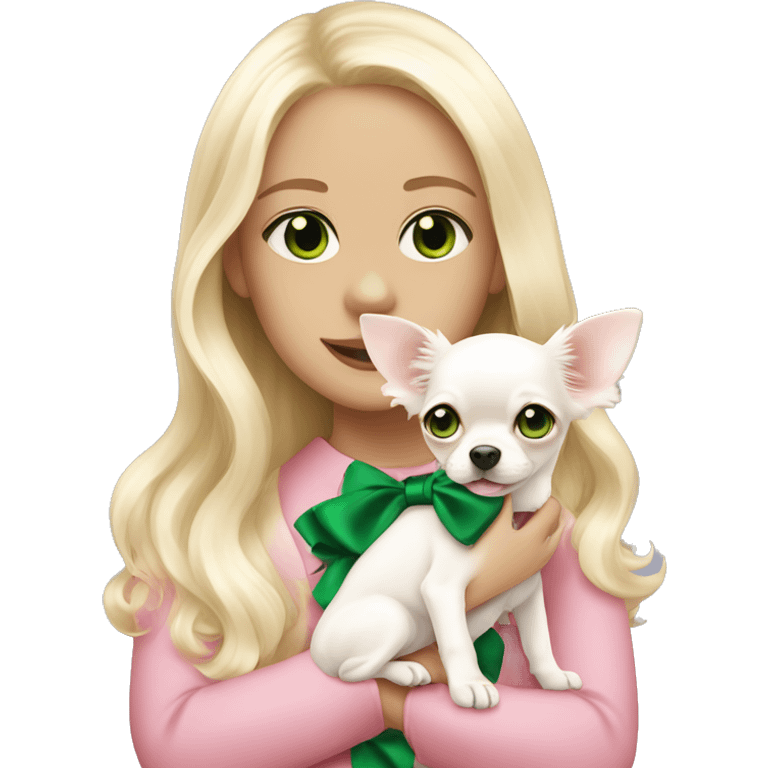 pale blond girl with wavy long platinum hair with green eyes holding a white chihuahua puppy that wearing a pink bow emoji