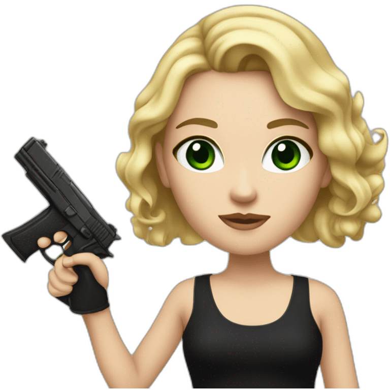 A white girl with blonde hair and green eyes, wearing a short black dress and holding a gun in her hand emoji