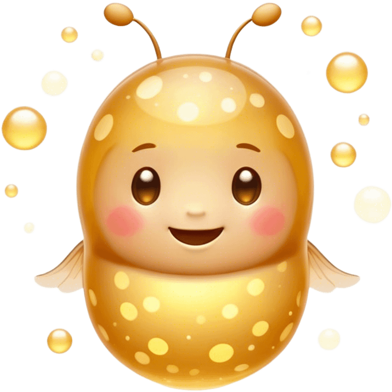 Cinematic tiny glowing firefly, round and chubby, soft golden light, tiny happy face, gentle floating motion, surrounded by dreamy sparkling dots. emoji