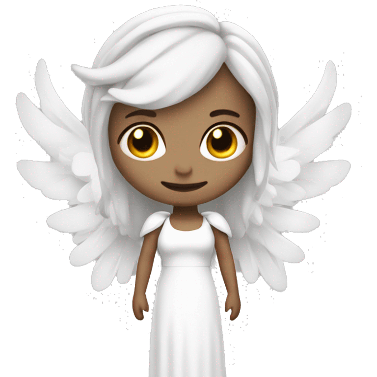 Angel with white hair and horns with big wings ram horns and no eyes and a long white dress emoji