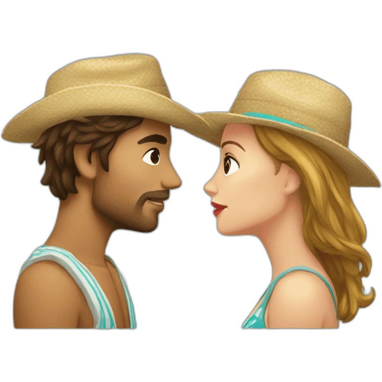 with beach clothes young metis man and white woman kiss love emoji