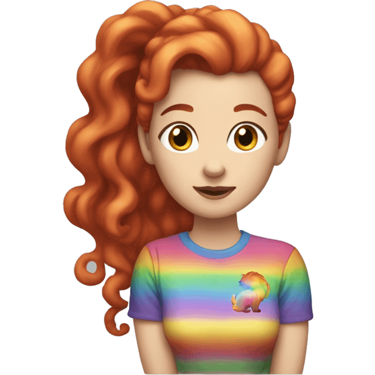 "A white woman with lengthy red curls in a ponytail, wearing a rainbow cat shirt, being cute." emoji