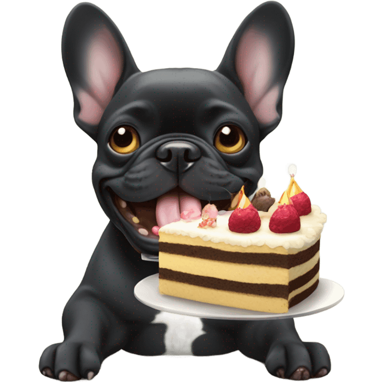 birthday of a black french bulldog eating cake emoji