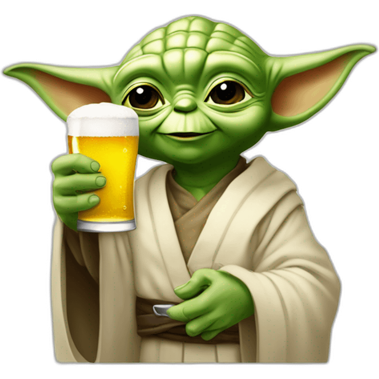 Yoda sonriendo levanta una copa de cerveza con el brazo izquierdo con el brazo izquierdo emoji