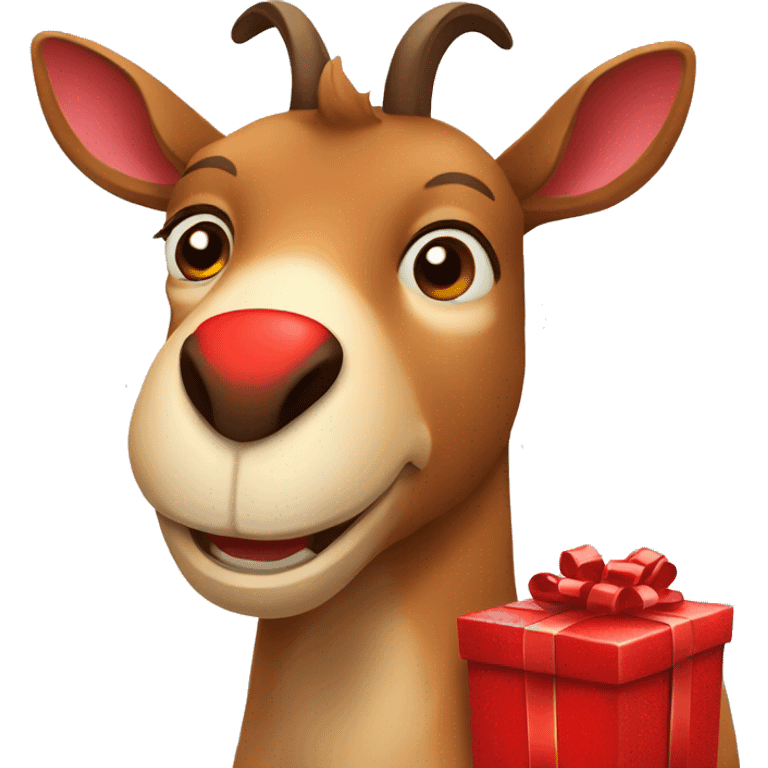 happy smiling brown chamois holding red gift emoji