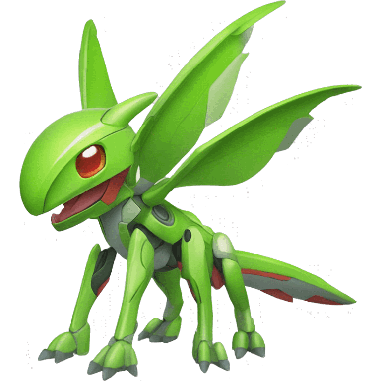 a shiny green Genesect-Flygon-Raptor-Fakémon—hybrid with a futuristic visor-helmet full body emoji