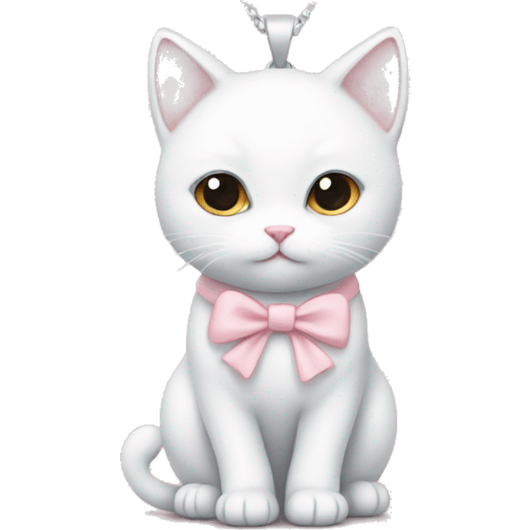 White cat with soft pink bow necklace and soft tones emoji