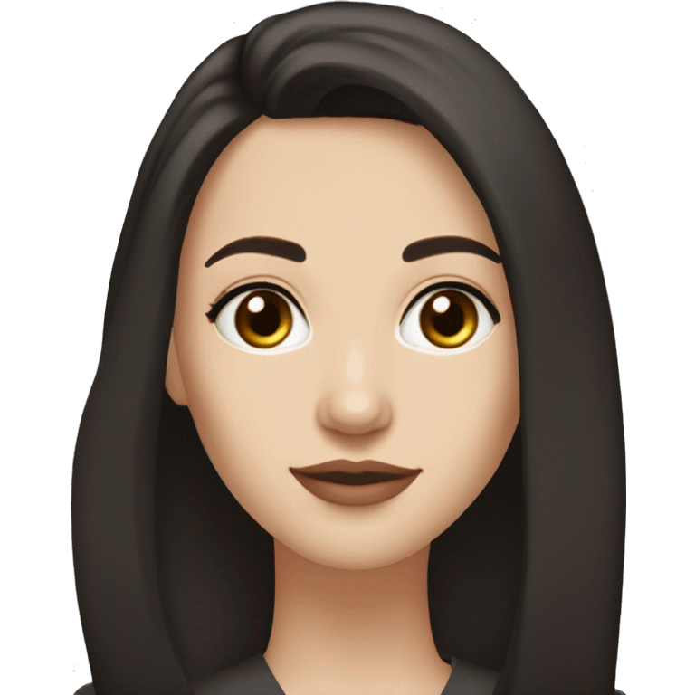 Young adult woman, dark brown almost black medium length hair, pale skin, aquiline nose, medium full lips, dark brown eyes, medium thin brows, oval face emoji