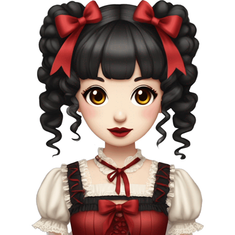 Japanese pale woman with dark drown curly pigtails and bangs, red lips and eyeshadow, long eyelashes, brown eyes, red Lolita dress with laces and ribbons, gothic Lolita doll look emoji