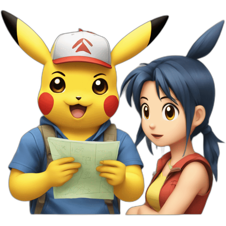 pikachu, ash and misty discussing a math problem in bad terms emoji