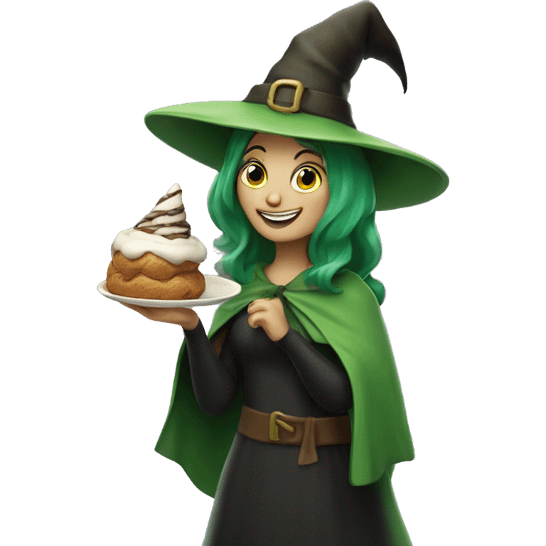 green happy witch with a cannoli in hand  emoji