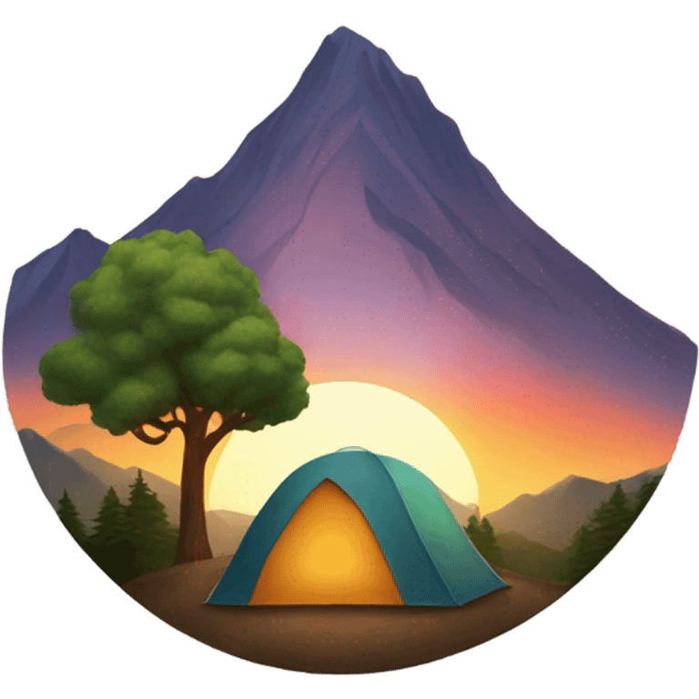 A tent by a mountain, with trees and a sunrise or sunset.” emoji