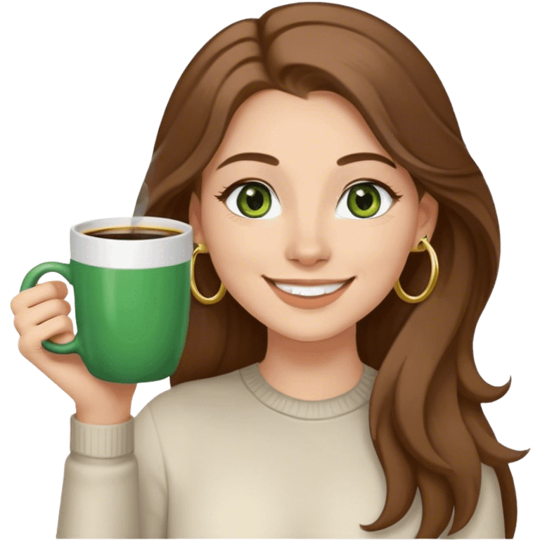 Long, Brown haired girl with middle hair part, green eyes, gold hoop nose ring, smiling, waving with one hand, coffee mug in the other emoji