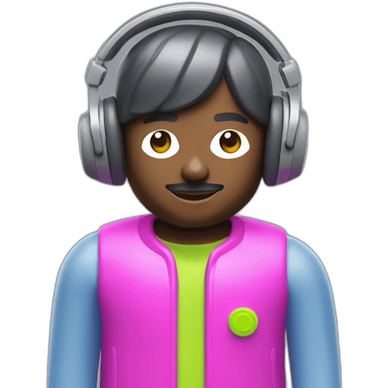 Playmobil wearing neon light clothes, having headphones emoji