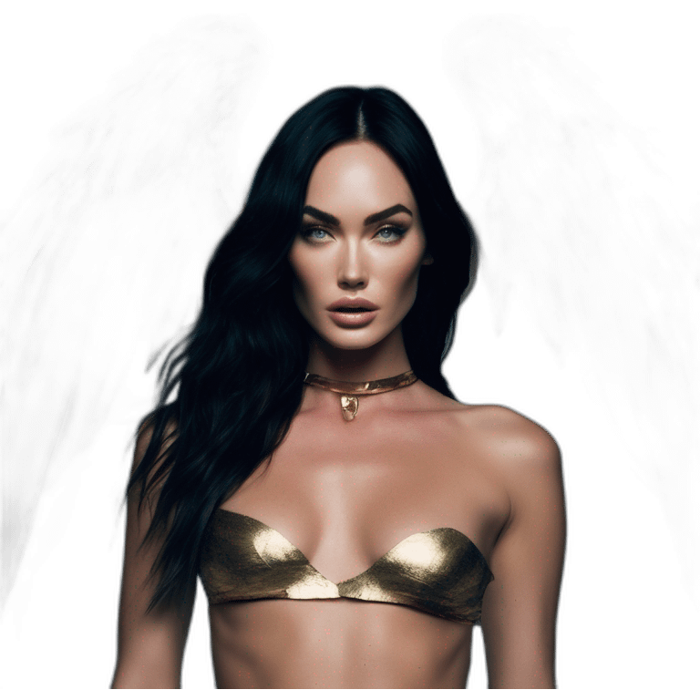 megan fox, david bellemere, Bare belly, Wings, Choker, Bathed in shadows, FOV 90 degrees, short lighting, L USM, Cold Colors, gilded technique, extremely hyper aesthetic, absurdres emoji