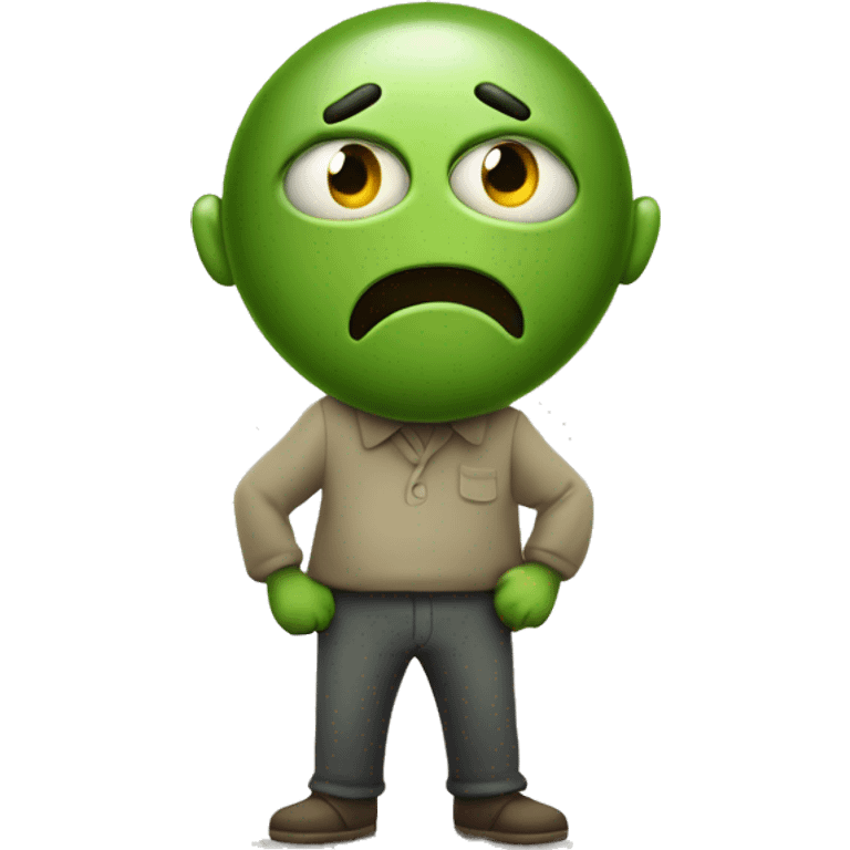 Create an emoji character with a greenish face, holding one hand over its mouth as if it's about to throw up. The emoji has wide, bulging eyes and a distressed, nauseated expression, while the other hand is on its stomach to show discomfort emoji