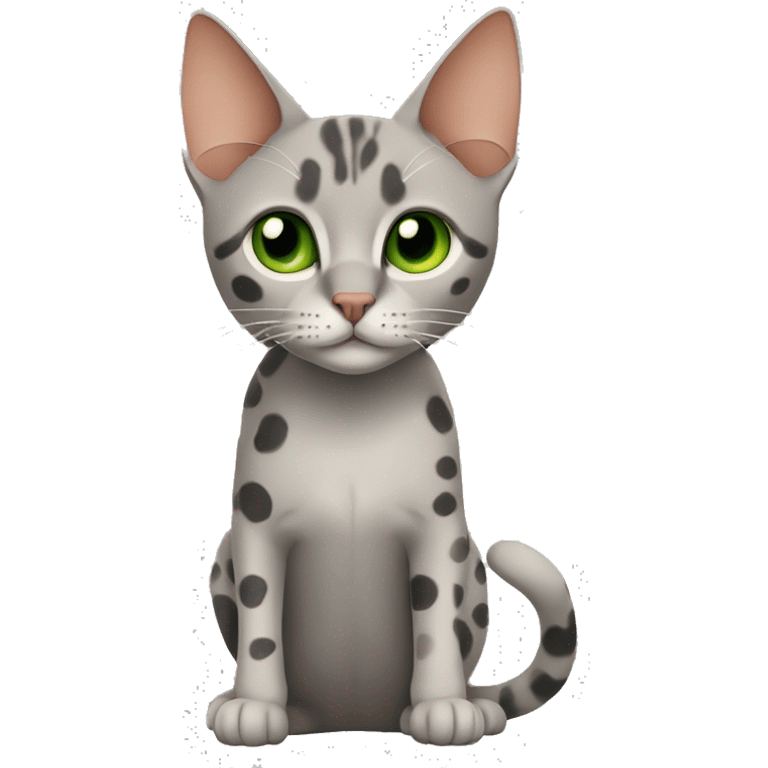 Short-haired oriental cat ,full body , grey coat with spots , green eyes , terracotta nuzzle emoji