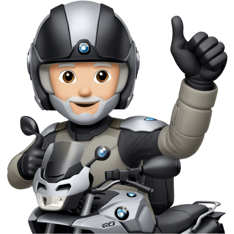 bmw gs  silver 1200 rider with grey hair giving a thumbs up with a black helmet emoji