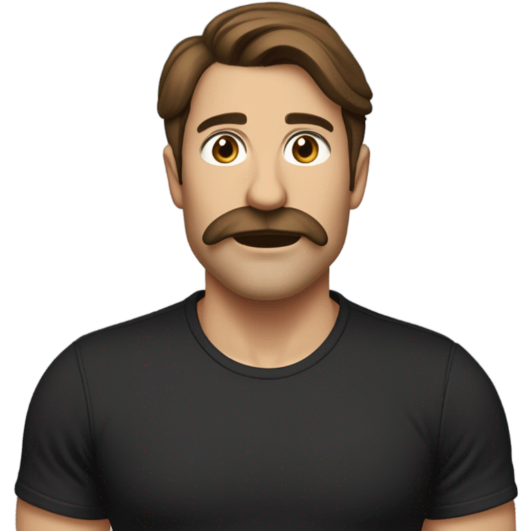 Brown haired guy with a mustache eyes rolling back board blowing air out of his mouth black T-shirt in his late 30s ￼ brown mustache and hair is in a ponytail emoji