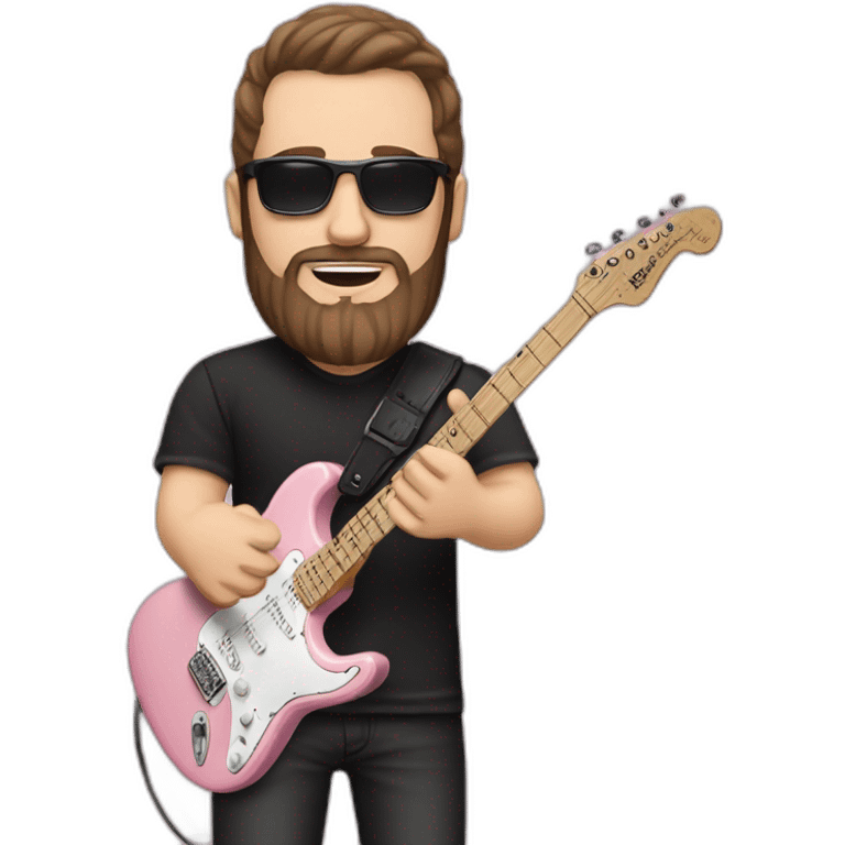 white man with dark beard and black t shirt and pastel pink stratocaster electric guitar emoji