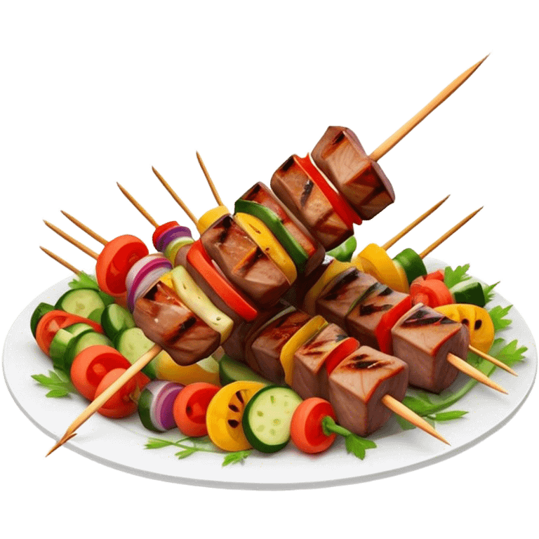 Cinematic Realistic Shish Kebab Dish Emoji, showcasing skewered, grilled meat with vibrant vegetables rendered with dynamic textures and warm, inviting lighting. emoji