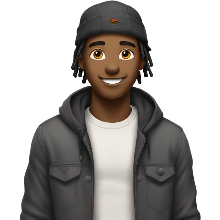 A young African-American male with short, thick dreadlocks, a friendly, confident smile, and a vibrant, approachable energy. He has a slim but toned build and often wears a cap to complement his trendy, casual style. emoji