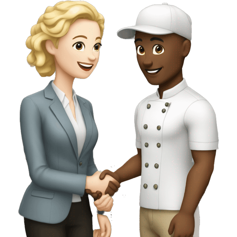 restaurant owner and blogger shaking hands, both with white skin, in great detail emoji