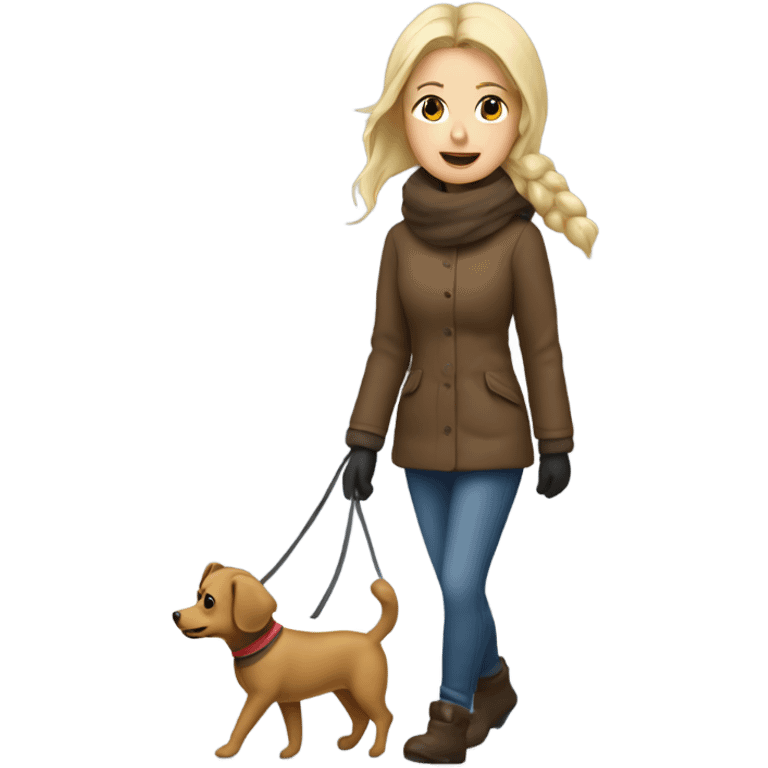 A cold day with snow and ice and a blonde woman walking a tiny brown dog  emoji